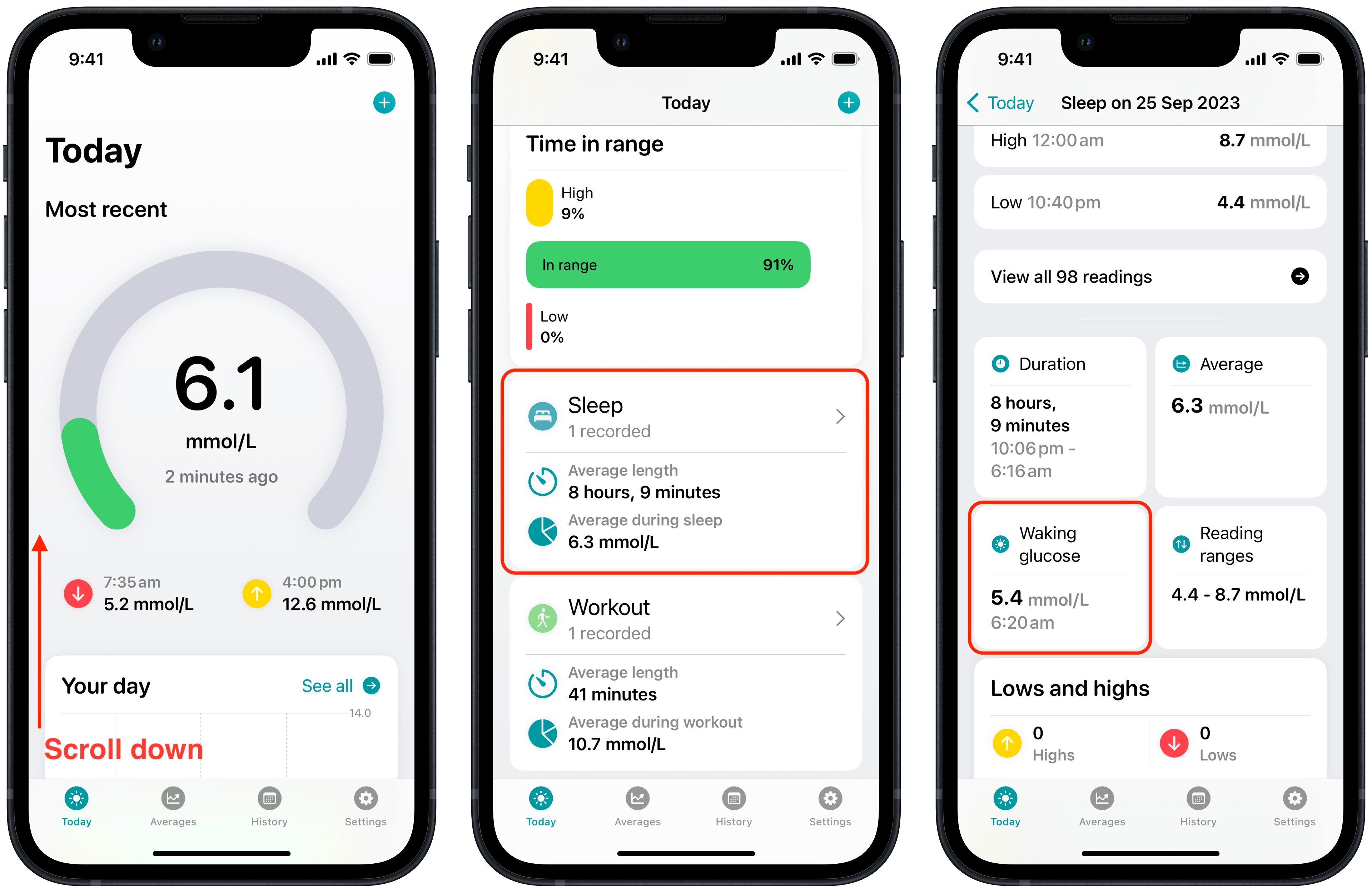 Screenshot of steps for viewing waking blood glucose