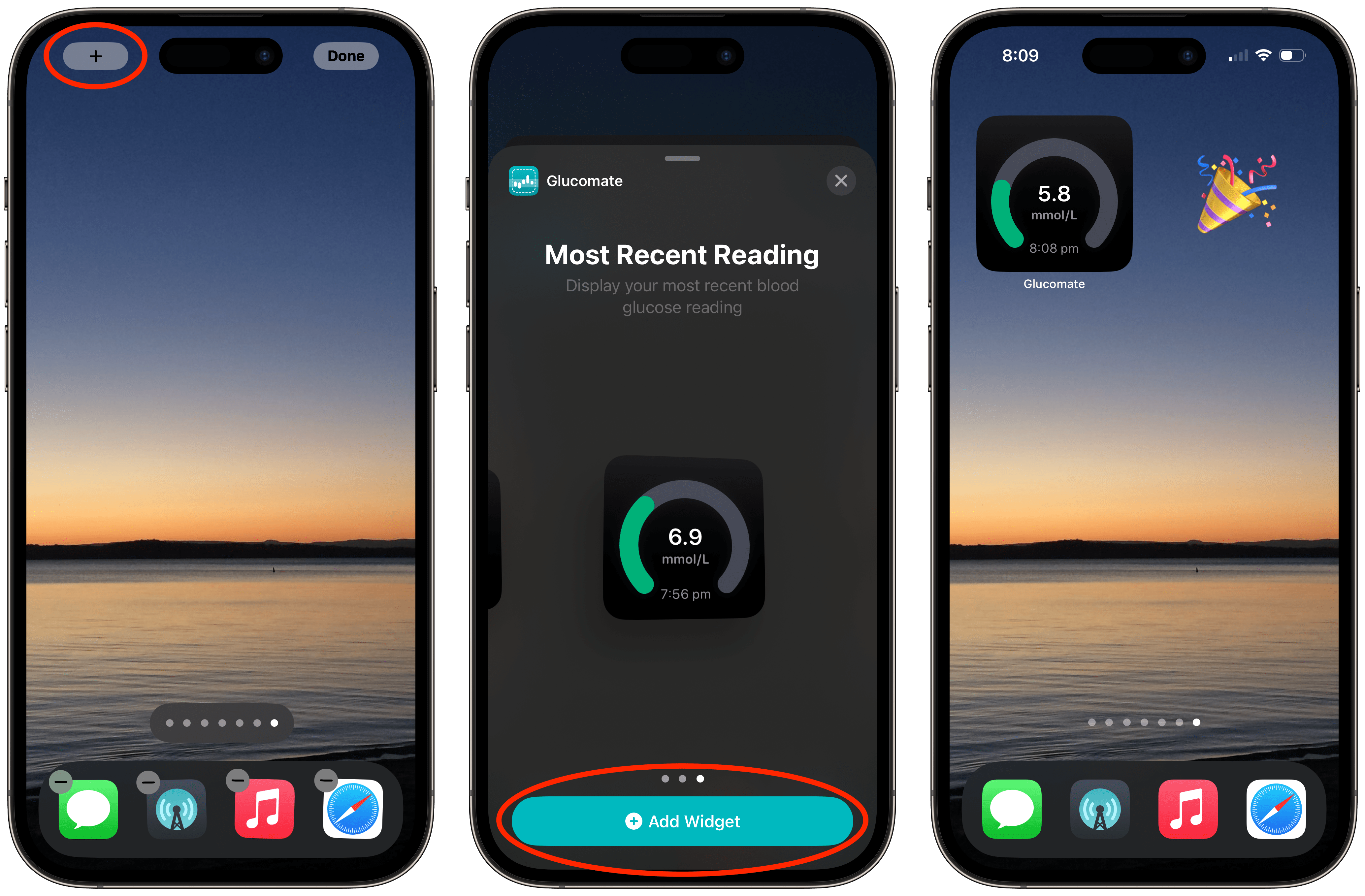 Screenshot of steps for adding a Glucomate widget to the home screen