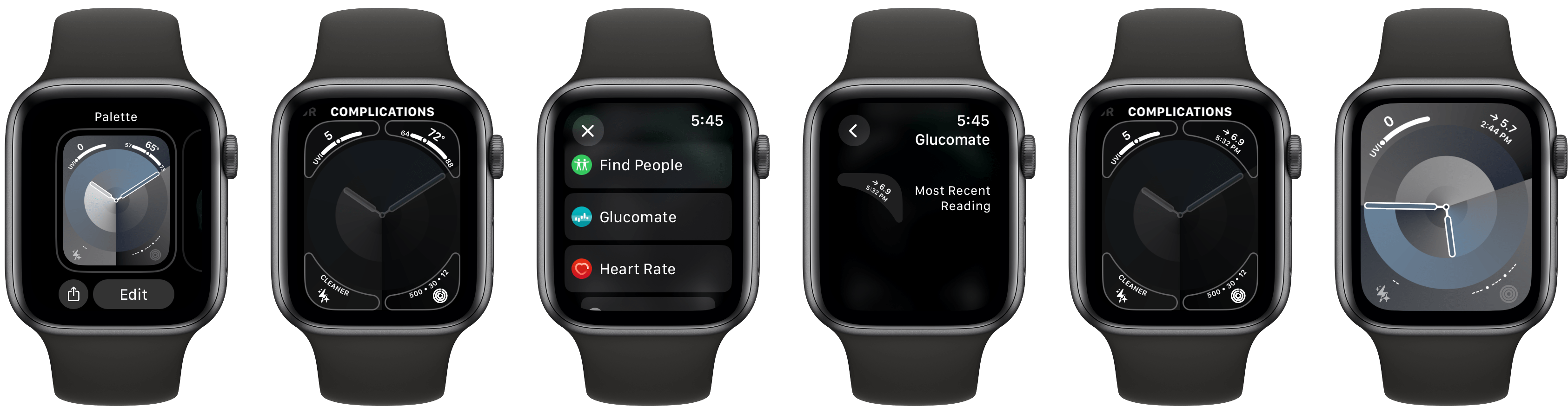 6 screenshots of Apple Watches showing the individual steps for adding a complication to the watch face