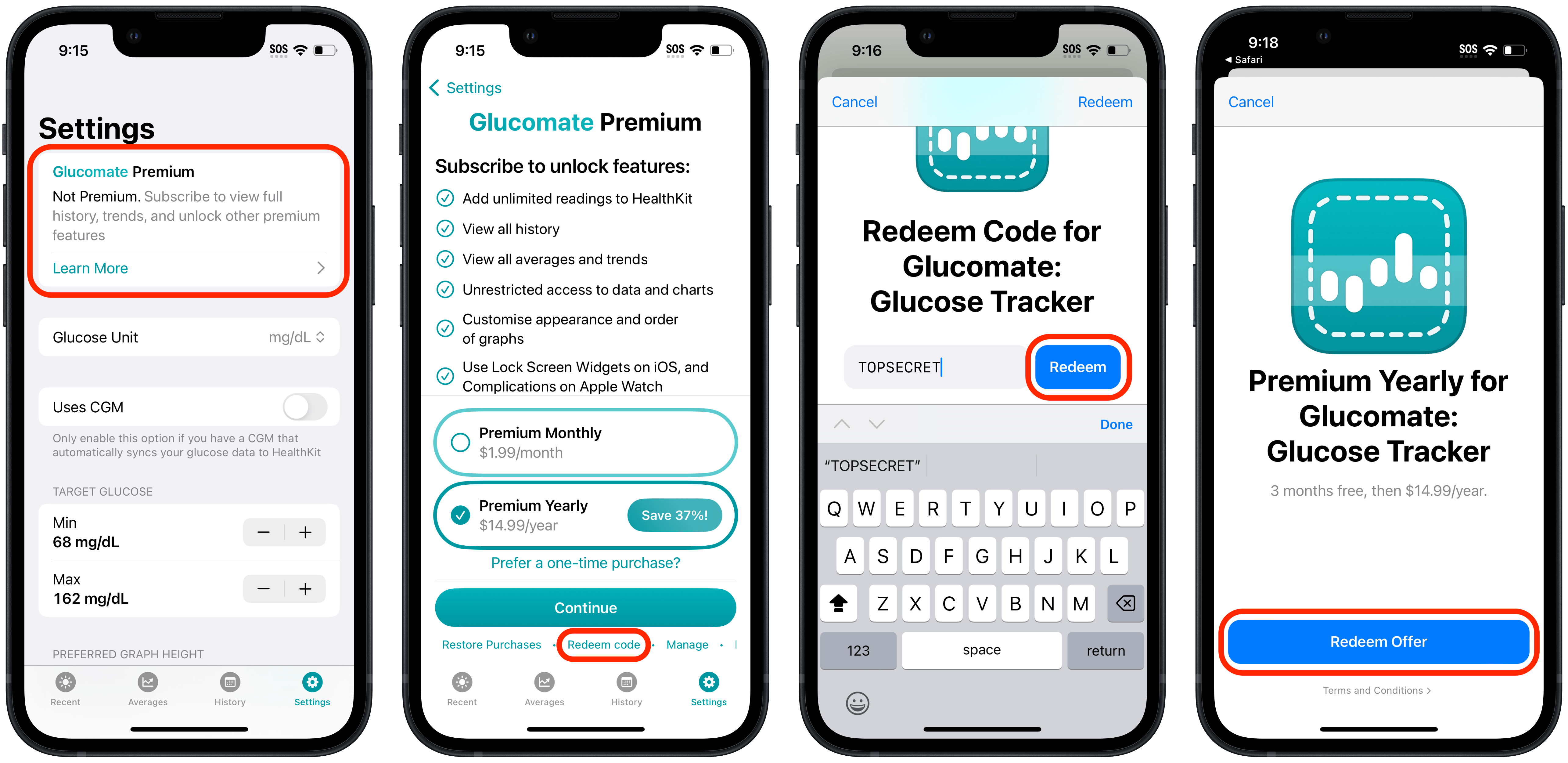Screenshot of the steps involved to redeem a promo code in Glucomate