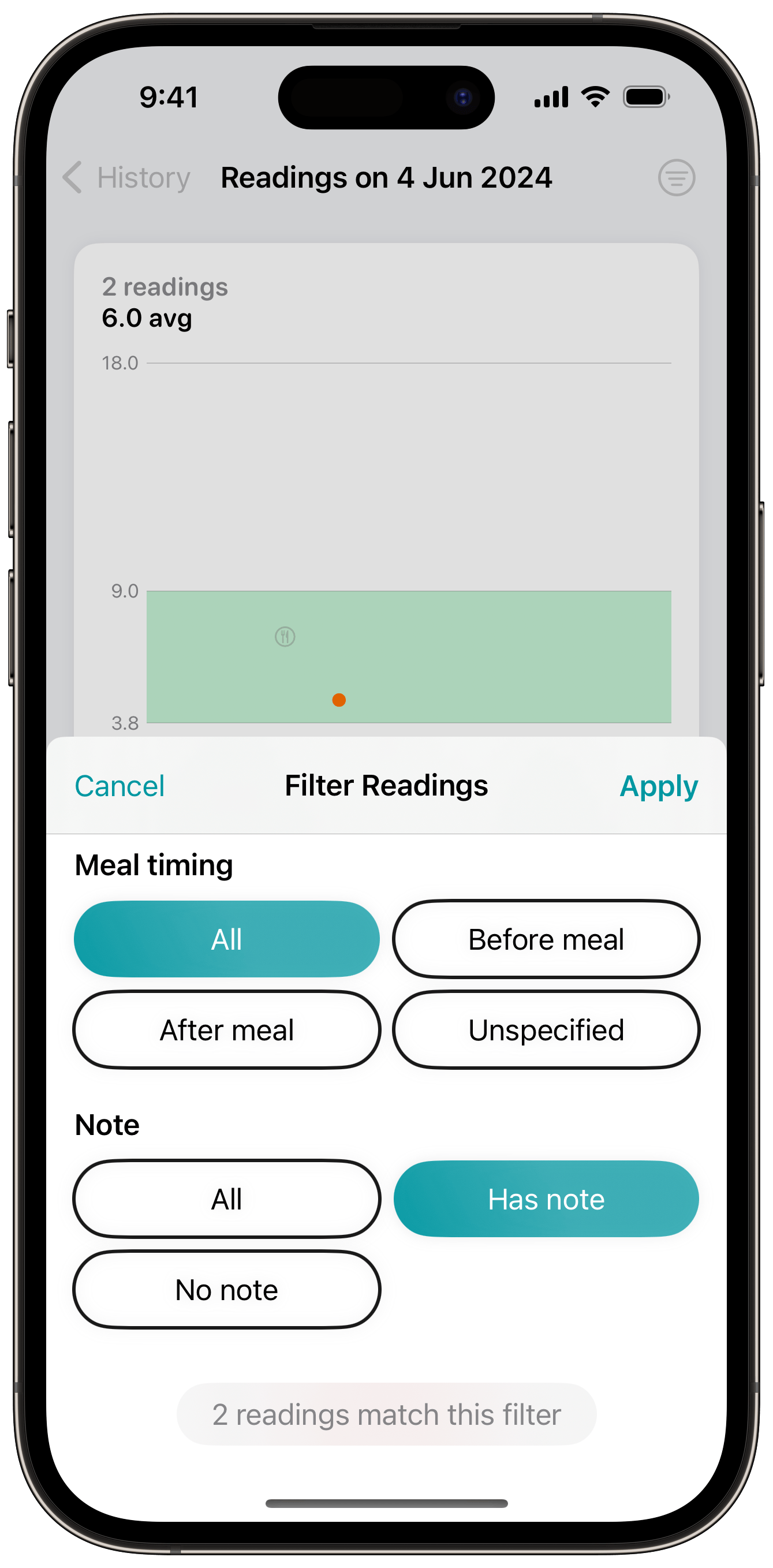 Screenshots of the filter UI set to only show readings with notes